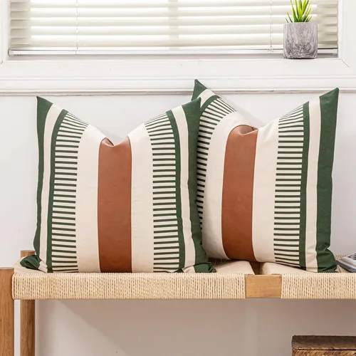 Vista 20 de Juego de 2 fundas de almohada bohemias a rayas de 16 x 16 pulgadas, fundas de almohada de cuero modernas para sofá, cama, decoración de granja