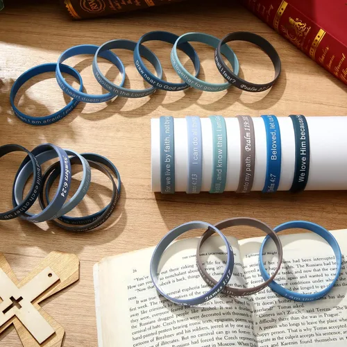 Vista 6 de Estune 120 pulseras con versículo bíblico, pulseras cristianas, color azul