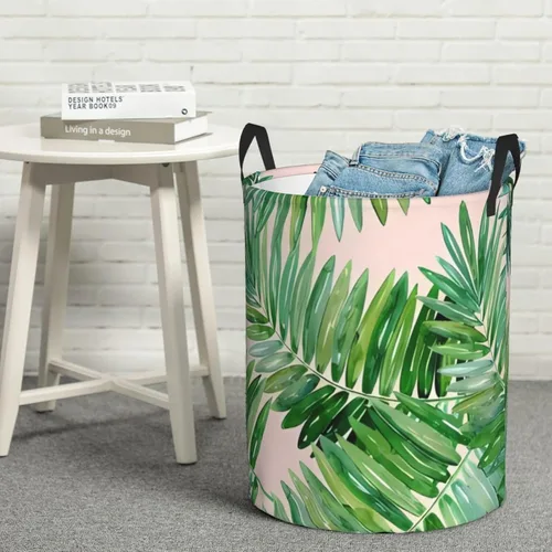 Vista 8 de Cesta de lavandería con hojas de palmera, organizador circular con asas para baño, dormitorio