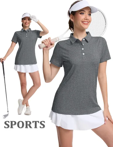 Vista 6 de MAGCOMSEN Camisas polo de manga corta para mujer, de secado rápido, camisetas de golf con cuello para trabajo, casual, 4 botones