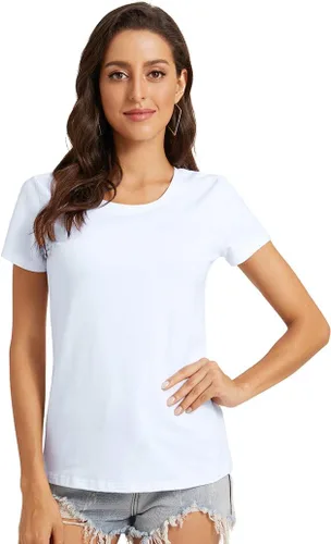 Vista 2 de Camiseta básica de media manga con cuello redondo para mujer, casual, color liso, de algodón