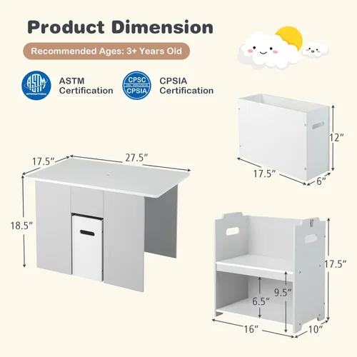 Vista 8 de HONEY JOY Juego de mesa y silla para niños, mesa convertible para niños y 2 bancos y estantería organizadora de almacenamiento de juguetes de 4