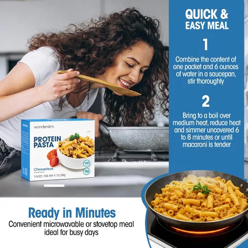 Vista 3 de WonderSlim Pasta de Proteína, Macarrones con Queso y Filete, 140 Calorías, 12g de Proteína (7 unidades)