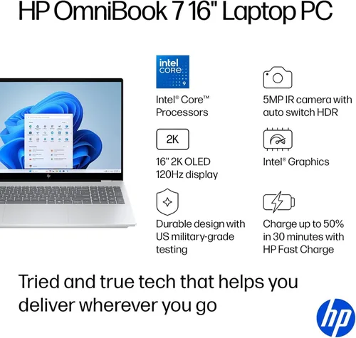 Vista 7 de HP OmniBook 7 16" 2K OLED - Computadora portátil con pantalla táctil, Intel Core 9 270H, 16 GB RAM 1 TB SSD, estación de acoplamiento de 128 gb 9H