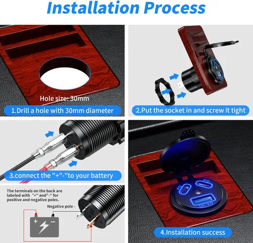 Vista 2 de Kewig Paquete de 2 cargadores USB con cable de 12 V multipuerto, doble PD3.0 y QC 3.0 múltiples puertos para automóvil, enchufe USB con interruptor