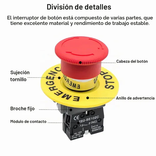 Vista 2 de Paquete de 1 botón de parada de emergencia con cabeza de hongo rojo Self-Locking Clockwise Rotation Reset 1NC Switch, with A Warning Ring Ith