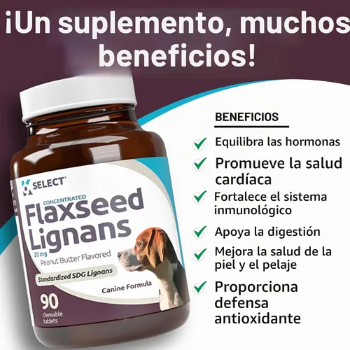Vista 6 de K9 Select Lignans concentrados de linaza para perros, 20 mg 90 tabletas, sabor a mantequilla de maní, masticable, Impove Coat