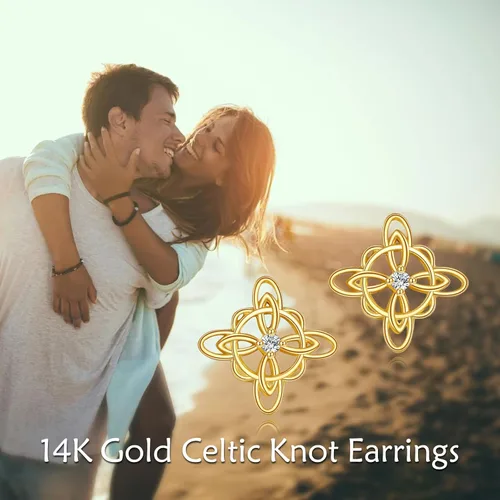 Vista 5 de Aretes de nudo de bruja de oro de 14 quilates para mujer, aretes de oro amarillo con nudo celta, aretes de tuerca de oro sólido, brujas triquetra