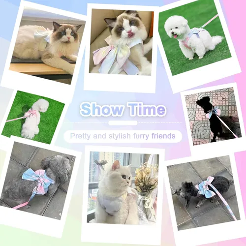 Vista 7 de PETCARE Lindo Juego de Arnés y Correa con Moño para Perro y Gato Elegante Arnés de Gradiente Arcoíris para Cachorros sin Tirones Arnés Suave de Rosa