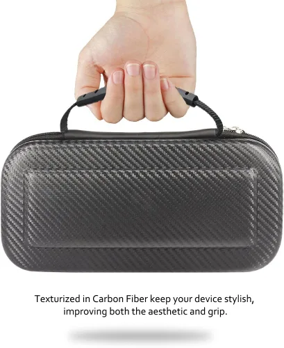Vista 2 de TJS Case for Nintendo Switch with 2 Pack Tempered Glass Screen Protector Carbon Fiber Texture Hard Travel Carrying Case Shell Carry Pouch - Black
