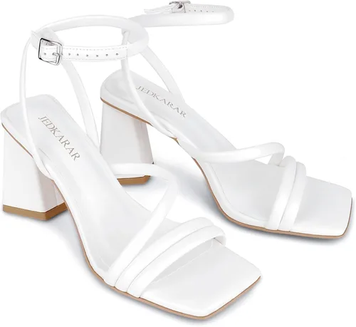 Vista 3 de JEDKARAR Tacones gruesos para mujer con correa de tobillo, puntera abierta y diseño de tacón de bloque, para bailar, citas, bodas, cumpleaños, uso