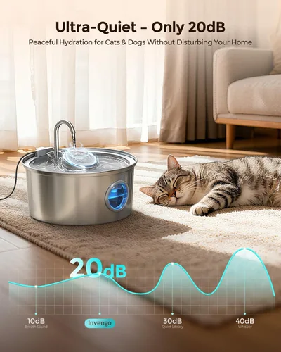 Vista 6 de Invengo Fuente de agua para gatos de acero inoxidable, fuente para mascotas de 108 oz/3.2 L con gran ventana de nivel de agua, dispensador