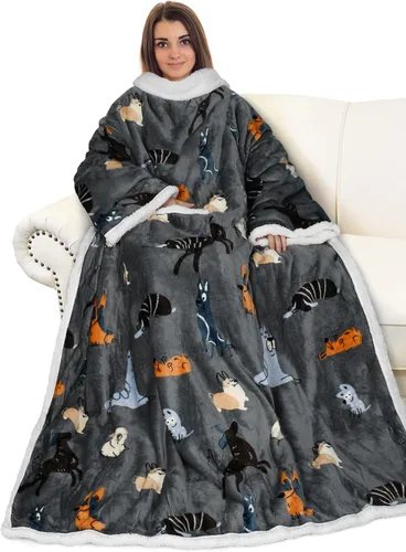 Vista 11 de Catalonia - Manta de forro polar tipo sherpa con mangas, súper suave, cálida y cómoda, de gran tamaño, de forro polar y microplush, con mangas