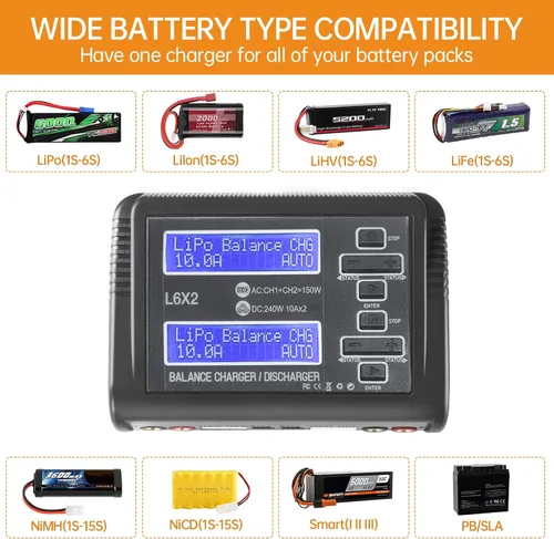 Vista 2 de LiPo Cargador de batería Dual RC Cargador de batería Descargador 240W 10A para 1-6S LiPo LiHV Li-ion Life 1-15S NiCD NiMH PB Baterías inteligentes