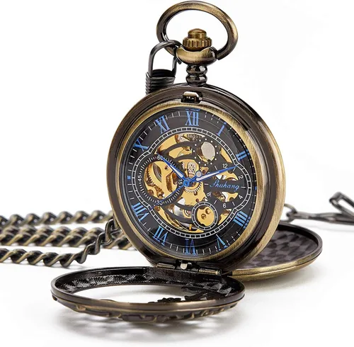 Vista 2 de Carrie Hughes Men Mechanical Pocket Watch with Chain Lucky Dragon Steampunk Skeleton Hunter Double Open in Box CHPW10