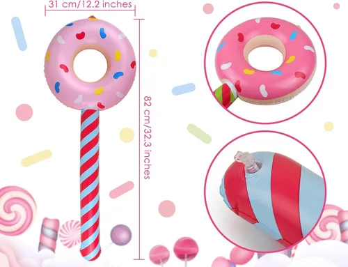 Vista 2 de DS. DISTINCTIVE STYLE Juego de 4 paletas inflables con forma de dona de 33 pulgadas, decoración de cumpleaños con temática de caramelos, accesorios