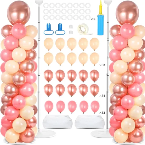 Vista 19 de Juego de 2 soportes de columna de globos plateados y blancos con 100 globos plateados con base para globos de confeti de suelo, kit de columna