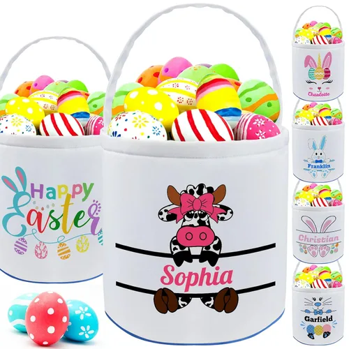 Vista 26 de Cesta de Pascua personalizada con nombre para niñas, niños y niños, cesta de Pascua personalizada bolsas de regalo para caza de huevos de Pascua