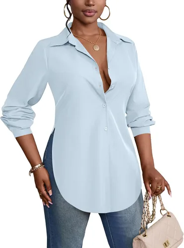 Vista 4 de Rooscier Blusa larga con cuello en V para mujer, manga larga, abertura lateral, con botones