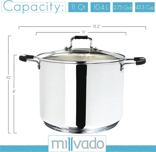 Vista 7 de Millvado Olla grande de acero inoxidable de 11 cuartos de galón, olla de cocción grande, tapa de vidrio transparente y marcas de medición, orificio