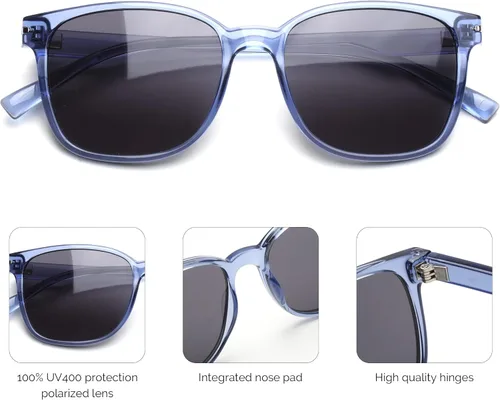 Vista 4 de JOO'RTI Gafas de sol polarizadas de gran tamaño para mujereshombres, protección UV, Marco azul, lente gris