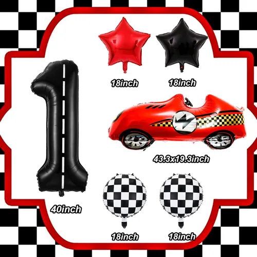 Vista 2 de Decoraciones de cumpleaños de carreras de 1 año, globos rojos grandes de coche de carreras de 40 pulgadas, globo negro número 1, globo a cuadros