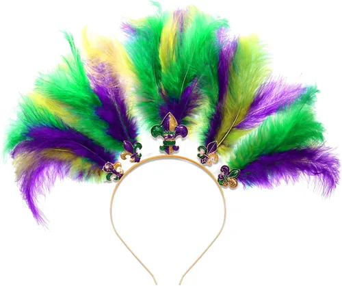 Vista 6 de YAHPERN Diademas de Mardi Gras para mujer, máscara de flor de lis, diadema de plumas de carnaval, accesorios para el cabello, regalos