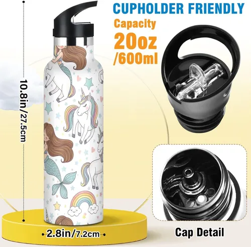 Vista 2 de Water Bottle for Kids with Straw 20 Oz Water Bottle Insulated for Boys Girls, BPA-Free, Mermaid Unicorn Rainbow