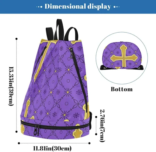 Vista 3 de Vintage Gold Cross Purple Floral Drawstring athletic bag hiking Swimming womens gym bag with Wet Dry Compartments bolso para laptop mujer