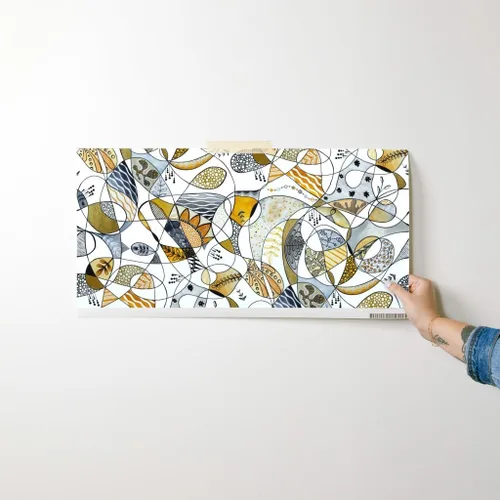 Vista 7 de Muestra de papel tapiz extraíble - Línea Gris Amarillo Grande Negro Blanco Hojas Círculos Puntos Papel pintado personalizado pre-pegado por