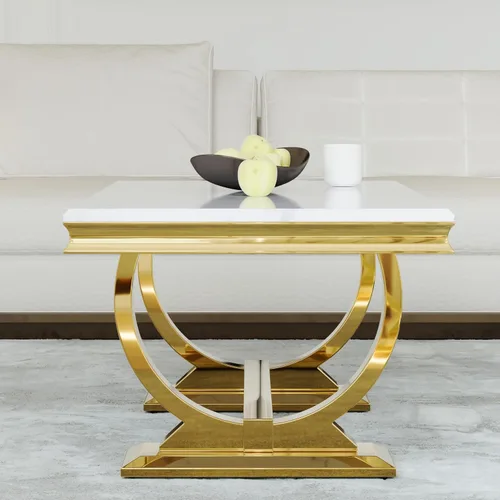 Vista 8 de Asday Mesa de centro dorada y blanca, mesa de centro rectangular de mármol dorado, mesa central elegante de lujo para sala de estar, pasillo