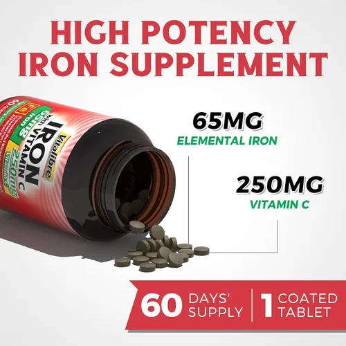 Vista 2 de Suplemento de hierro, 65 mg de hierro carbonilo con 250 mg de vitamina C, píldoras de hierro amigables con el estómago para mujeres y hombres, alta