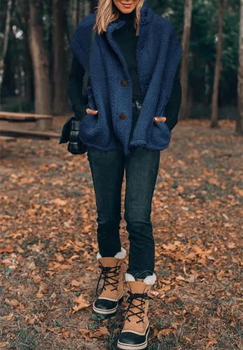 Vista 14 de Hongqizo - Chaleco de forro polar mullido para mujer, casual, de gran tamaño, cálido, con botones, chaqueta de sherpa con bolsillos