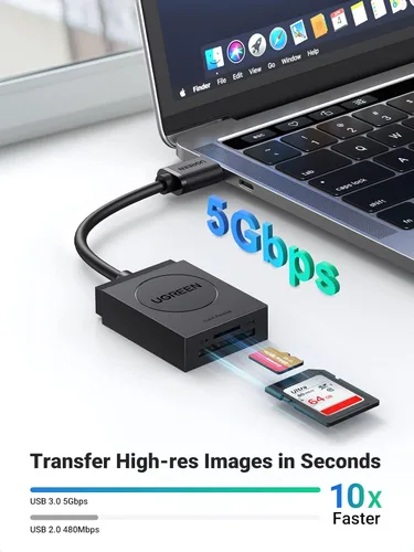Vista 2 de UGREEN Lector de tarjetas SD USB 3.0 Dual Slot Flash Memory Card Reader TF SD Micro SD for Mac Windows Linux Chrome Read 2 Cards Simultaneously
