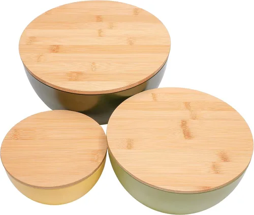 Vista 7 de ECOWAY Juego de 3 cuencos de ensalada con tapas de bambú, juego de tazones de mezcla, cuencos anidables para almacenamiento de ahorro de espacio 3