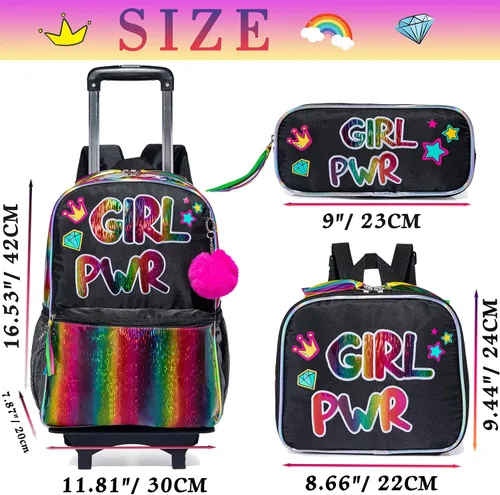 Vista 2 de Mochila con ruedas para niñas, mochila escolar con ruedas, bolsa escolar con bolsa de almuerzo y bolsa para lápices, mochila con ruedas para niños