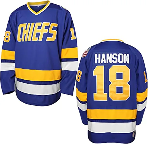 Vista 10 de Hanson Brothers - Camiseta de hockey 16 Charlestown Chiefs 17 Jeff Slap Shot 18, camiseta de hockey de película, azul, blanco, S-3XL