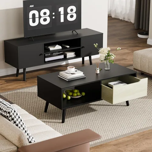 Vista 5 de Cozy Castle - Mesa de café moderna, mesa de cóctel de madera con almacenamiento, mesa minimalista para pasillo, mesa de café de mediados de siglo