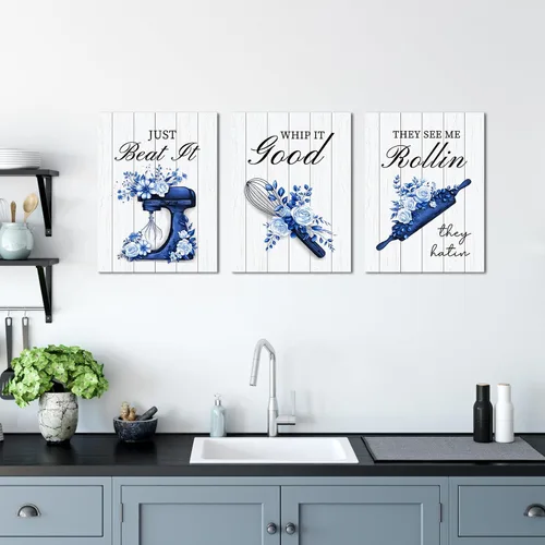 Vista 2 de RnnJoile Decoración de cocina azul marino, divertida imagen de cocina, arte de pared, panadería, habitación, decoración de pared, lienzo, enmarcado
