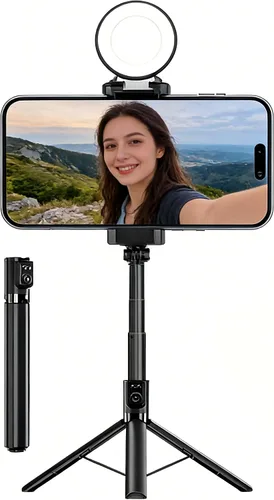 Vista 8 de Trípode Selfie Stick para iPhone y Android, trípode portátil con control remoto Bluetooth, apertura con un solo clic, compacto y ligero, todo en 1
