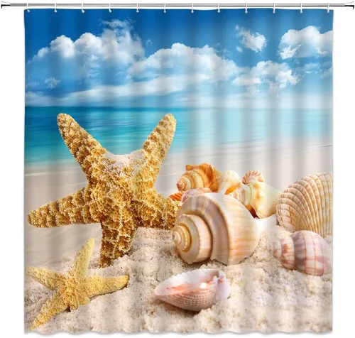 Vista 3 de Cortina de ducha con diseño de estrella de mar, concha, cielo azul, nube, escena tropical del océano, naturaleza, paisaje hawaiano, decoración