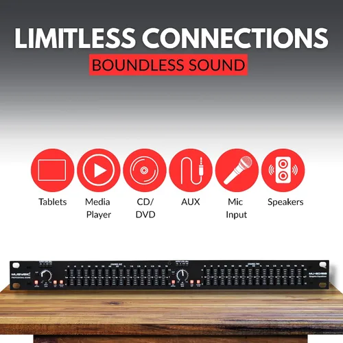 Vista 2 de MUSYSIC Ecualizador gráfico para audio doméstico Ecualizador estéreo de 15 bandas Montaje en rack EQ Ecualizador digital para el hogar, analizador