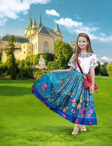 Vista 2 de Ainvliya Mirabel Dress Encanto for Kids Isabella Encanto Costume Halloween Cosplay Princess Dress Up With Bags Earrings