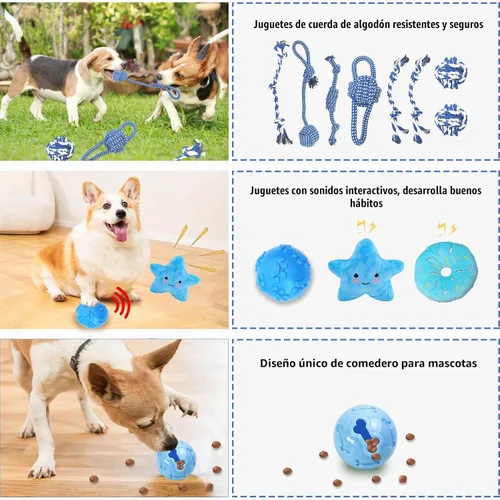 Vista 5 de MRSOHRET 20 juguetes masticables para cachorros, paquete de juguetes masticables azules para cachorros, juguetes de dentición con bola de goma