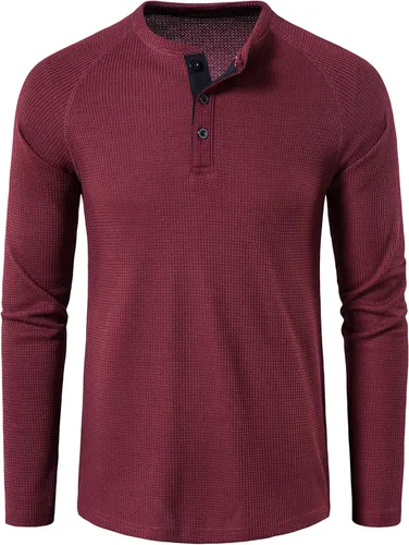 Vista 2 de LOCALMODE Camisetas casuales de manga larga con cuello redondo para hombre de Waffle Henley