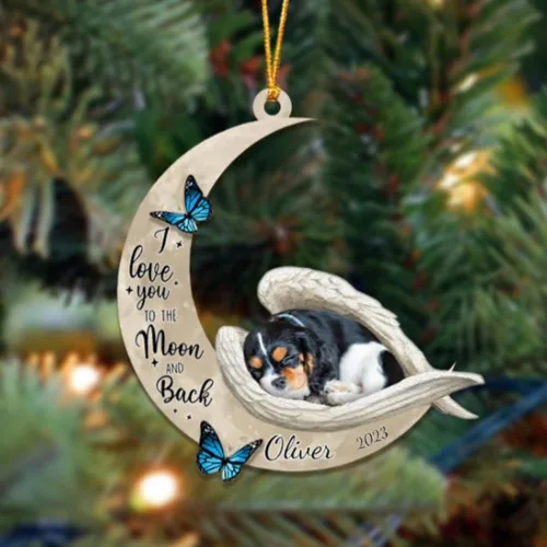 Vista 159 de Adorno colgante personalizado de ángel durmiendo en la luna, perro sabueso afgano, nombre personalizado, acrílico impreso en 2D plano – cumpleaños