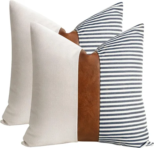 Vista 20 de Cygnus - Juego de 2 fundas de almohada de 16 x 16 pulgadas hechas de lino y de la unión de distintas telas con diseño de rayas para decoración Negro
