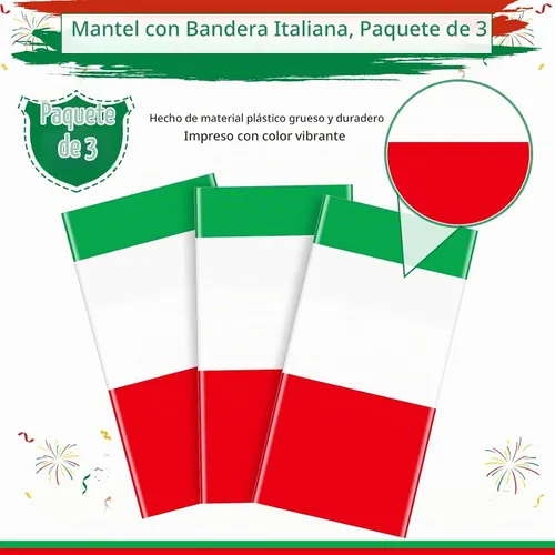 Vista 4 de Paquete de 3 manteles con bandera italiana, mantel de plástico desechable con temática italiana, mantel rectangular italiano para reuniones