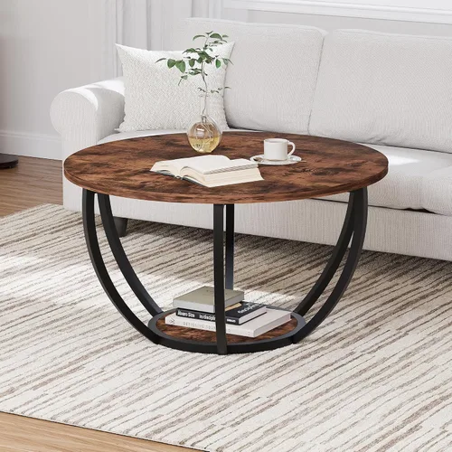 Vista 11 de HOMERECOMMEND Mesa de centro redonda, mesas de centro circulares de madera de 2 niveles con estantes de almacenamiento, mesa central decorativa
