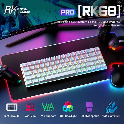 Vista 2 de RK ROYAL KLUDGE RK68Pro Teclado mecánico con cable 60% de aluminio, teclado compacto para juegos con software de 68 teclas retroiluminación RGB